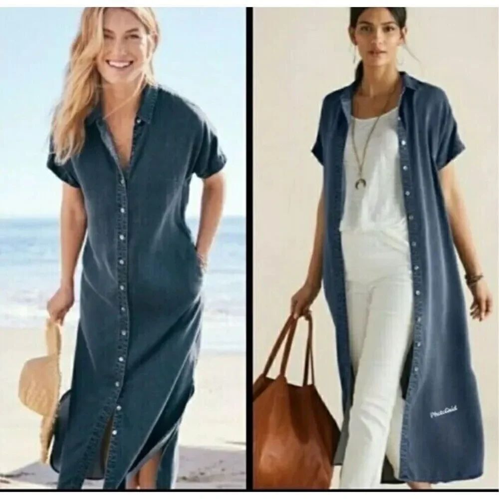 Soft surroundings Chambray button front shirt dress with pockets XS
